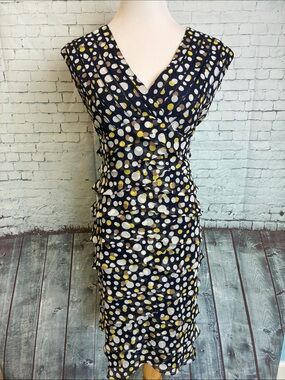 Adrianna Papell Cocktail Dress Tiered Ruffle Navy Blue Dot Pattern Sleeveless 10